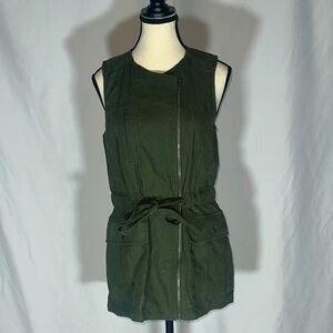 Athleta Linen Vest Top Army Green XS Zip Up Tie Waist Pockets Military Biker